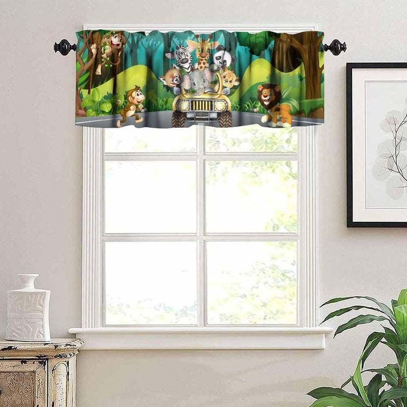JanJCurt Kids Safari Animals Valance, Tropical Jungle Safari Adventure African Animals Lion Elephant Monkey Blackout Short Window Drape Curtain for Baby Boy Nursery Children Bedroom, 54x18inch - Image 2